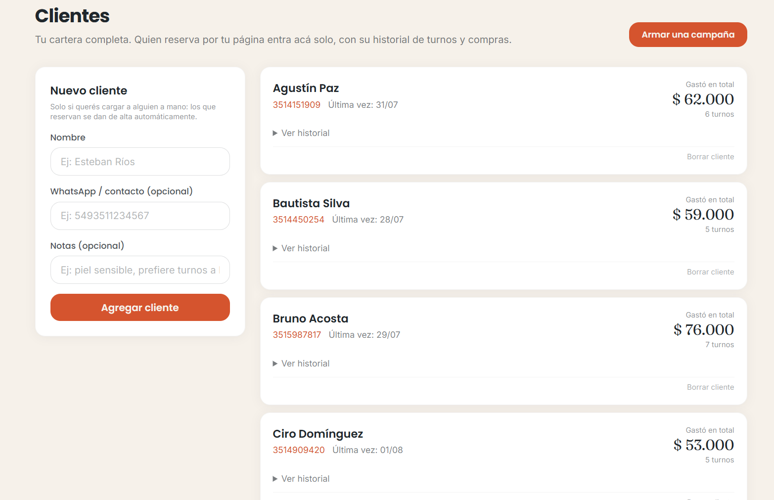 Listado de clientes con historial